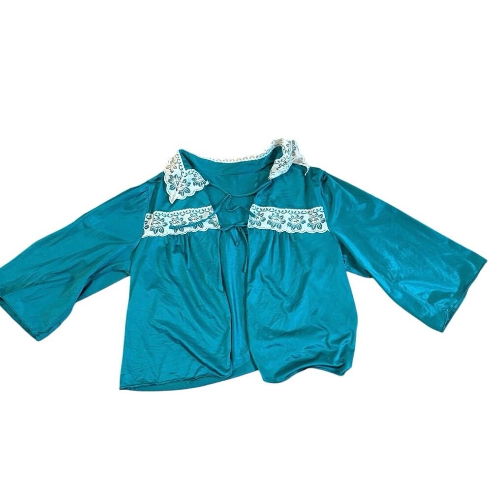 Vintage Sears Teal Nylon Tie Front Blouse Size L Lace Trim 70s